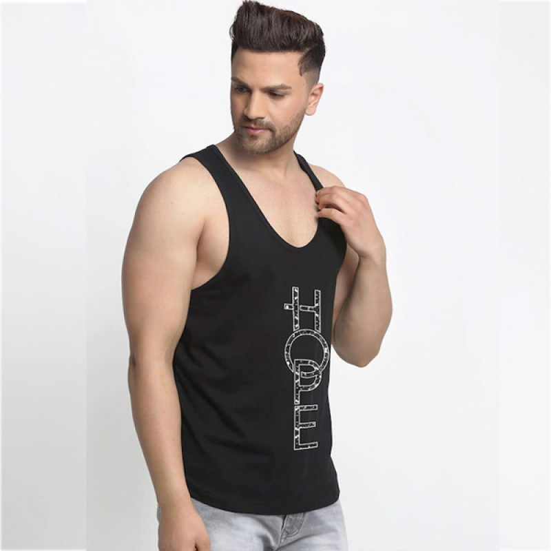 Men Black & White Printed Cotton Apple Cut Gym Vest