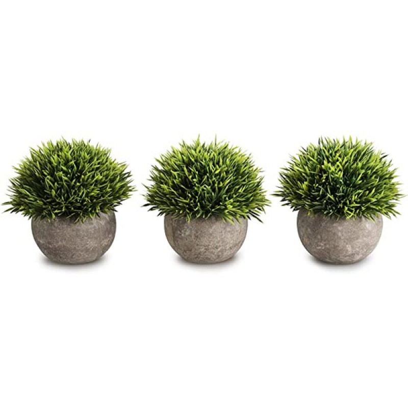 Opps Mini Artificial Plants Plastic Fake Green Grass Topiary Shrubs with Gray Pot for Home Décor