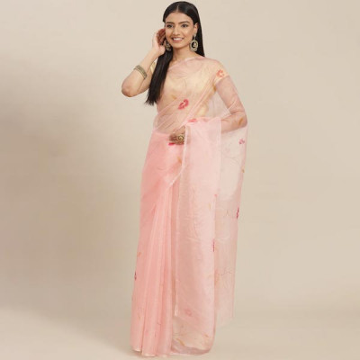 Peach-Coloured Floral Organza Saree