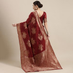 Maroon Floral Linen Blend Banarasi Saree