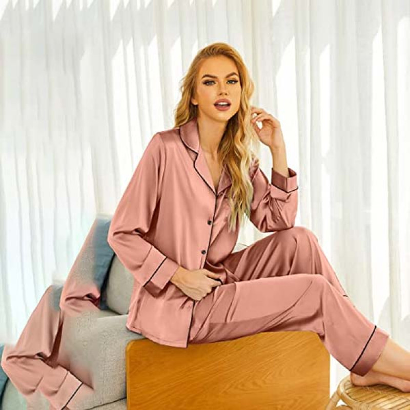 Ekouaer Satin Pajamas Women's Long Sleeve Sleepwear Silk Soft Button Down Loungewear